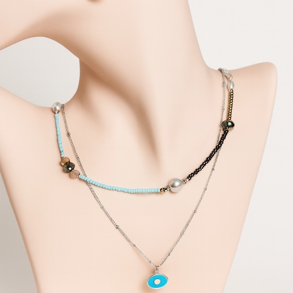 NEW | 18K Gold Plated Necklace with Blue and Silver Tones - Picture 1 of 6